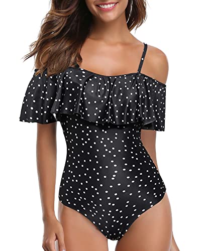 Long Torso Printed One Piece Swimsuit For Women Ruffled Flounce Bathing Suit-Black White Dot