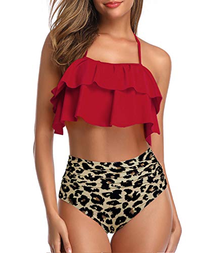 Glamorous Halter Bikini Set Backless Design For Women-Red And Leopard