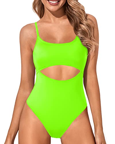 Women's Cutout Scoop Neck High Cut One Piece Swimsuit-Neon Green