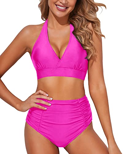 Push Up Halter Tummy Control Swimsuits 2 Piece Bikini Bathing Suits-Neon Pink