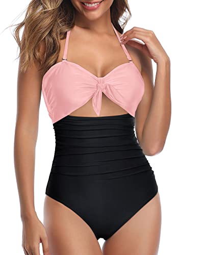 Stylish High Waisted Halter Sexy Cutout One Piece Swimsuits-Pink And Black