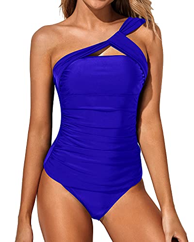 Removable Padded Bra Ruched One Shoulder Tankini Swimsuit-Royal Blue