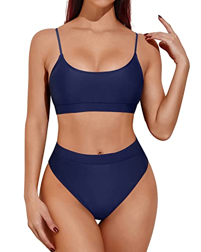 Removable Padded Push Up Two Piece High Waisted Bikini-Navy Blue