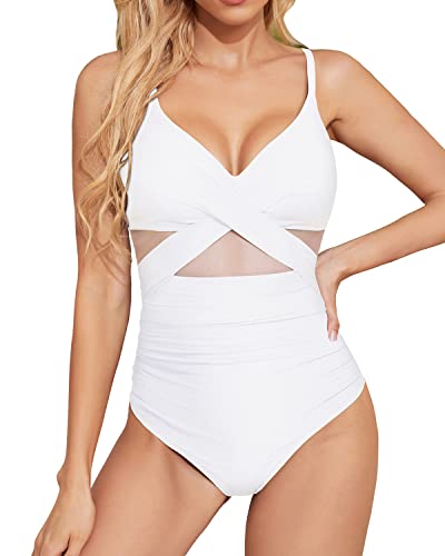 Tummy Control Cutout Mesh One Piece Bathing Suits For Women-White