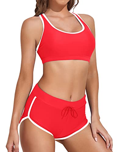 Women Athletic 2 Piece Swimsuit Bikini For Vacation-Red White