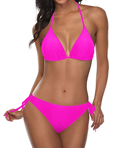 Adjustable Neck And Back Ties Halter Padded Top 2 Piece Bikini Sets-Neon Pink