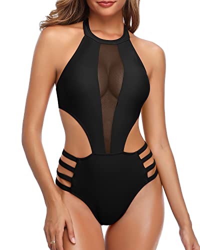 Mesh Patchwork Bust Design Sexy One Piece Bathing Suit For Women-Black