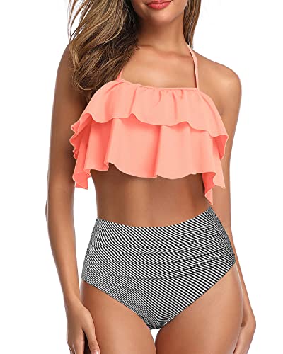 High Waisted Two-Piece Bikini Set Ruffle Tummy Control-Coral Pink Stripe