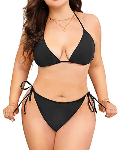 2 Piece Plus Size Triangle Bikini Halter Tie Side for Women-Black
