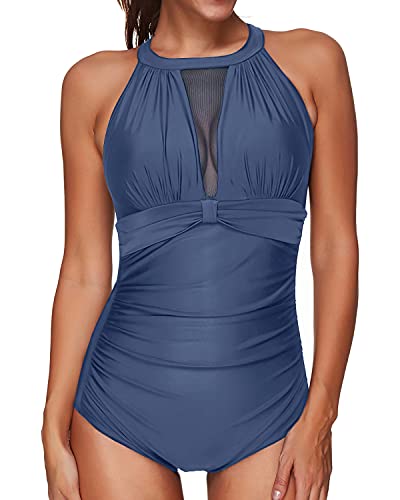 Trendy Mesh Plunge Push-Up Monokini Swimsuit For Women-Blue