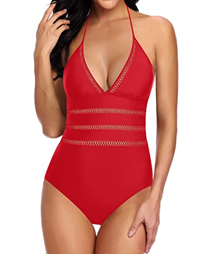 Mesh Waist Hollow Out Monokini Halter One Piece Swimsuits-Red