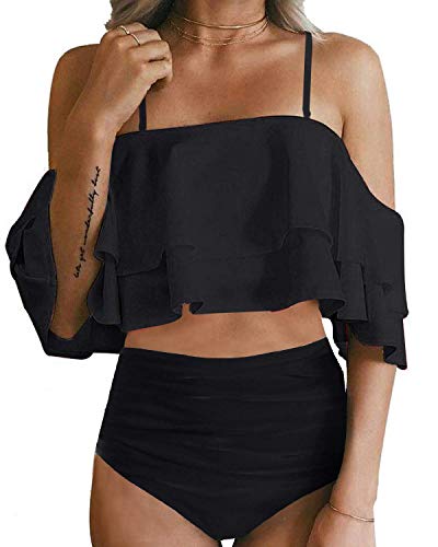 High Waisted Flounce Bikini Set For Women Hollow Out Bottoms-Black