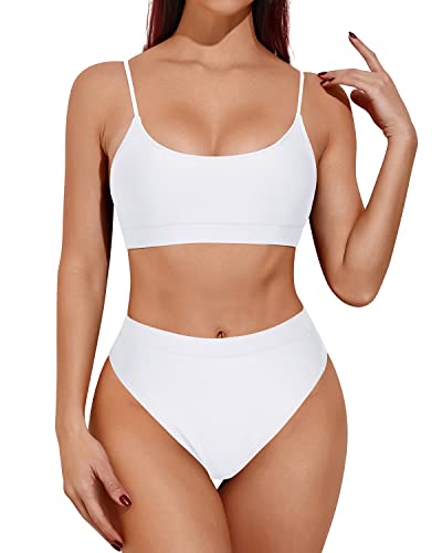 High Cut Bathing Suit High Waisted Bikini Sporty Scoop Neck Swimsuits-White