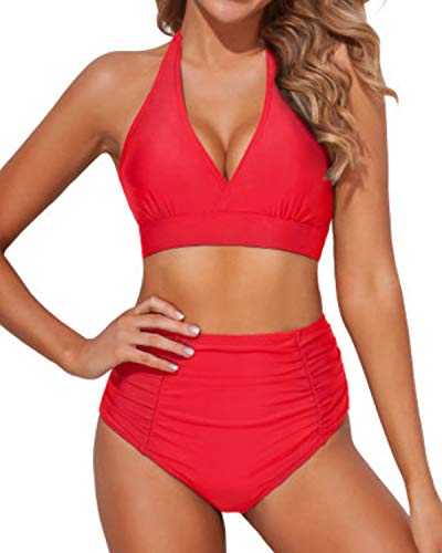 Slimming Ruched High Waisted Swimsuits 2 Piece Bikini Bathing Suits-Neon Red