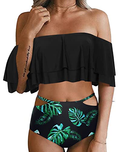 Adjustable Strap Ruffle Bikini Set For Women Tummy Control Bottoms-Black Leaf