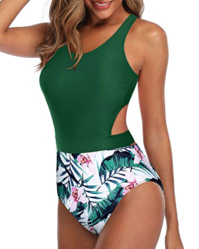 Attractive Silhouette Revealing Women One Piece Swimsuits-Green Tropical Floral