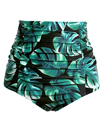 Comfortable High Waisted Tankini Briefs Tummy Control Ruched Swim Shorts-Green Leaf