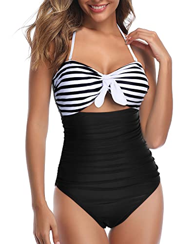 High Waisted Halter Retro High Waist Swimsuits-Black And White Stripe