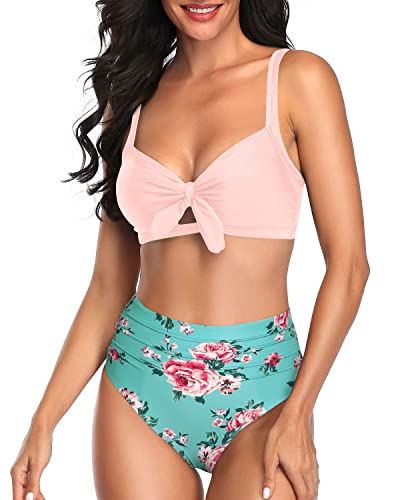 Teen Girls Two Piece Swimsuits Bathing Suits For Women Bikini-Green And Pink Floral