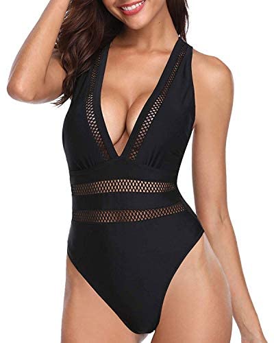 Adorable Long Torso V Neck One Piece Swimsuits-Black