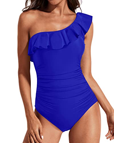 Front Ruched One Shoulder Swimwear-Royal Blue