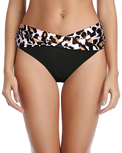 Women's Cheeky Twist Band V Cut Swimsuit Bottoms-Black And Leopard