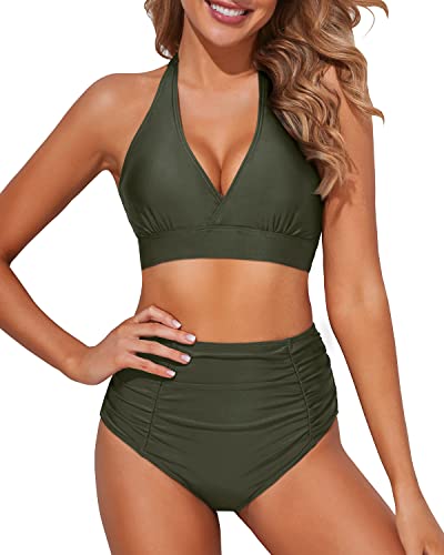 Cute Two-Piece Bikini Double Buckles 2 Piece Bikini Bathing Suits-Army Green