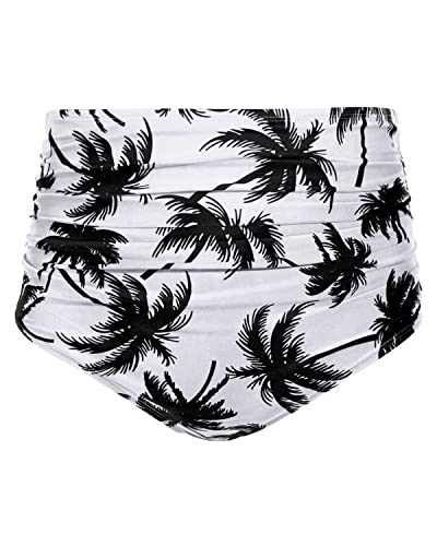 Classic Women High Waisted Bikini Bottom Retro Ruched Swim Short-Black Palm Tree