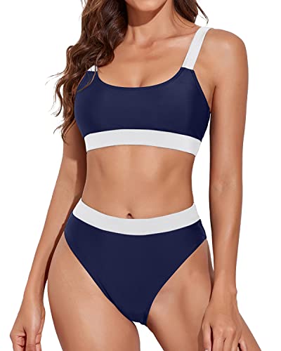 Women High Rise Athletic Bathing Suits Sporty Scoop Neck Bikini-Navy Blue And White
