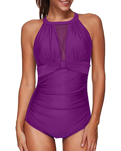 Women's Mesh Plunge Neckline Ruched Monokini One Piece Swimsuit-Purple