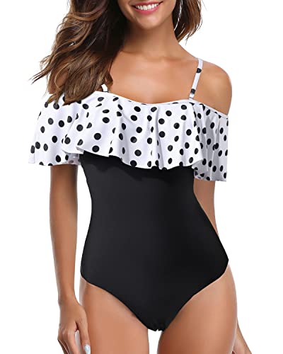 Ruffled Flounce One Piece Swimsuit Off Shoulder Retro Swimwear-White Black Polka Dots