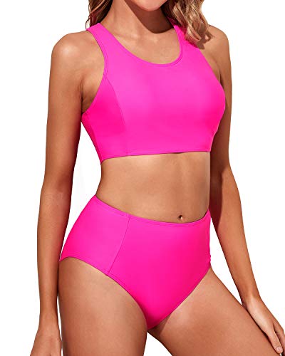 Women's Full Coverage Bathing Suit Bottom Bikini Set-Neon Pink
