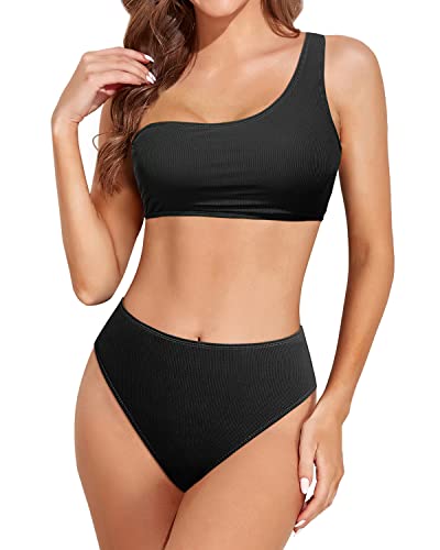 Women's One Shoulder High Waisted High Cut Bikini Set-Black