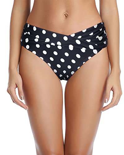 Women's Ruched V Cut Swimsuit Bottoms-Black Dot