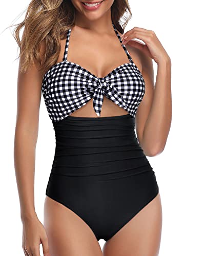Halter Front Tie Knot Bathing Suit Retro High Waist Swimsuits-Black And White Checkered