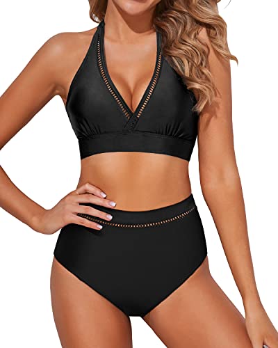 2 Piece High Waisted Deep V Neck Two Piece Swimsuits For Women-Black