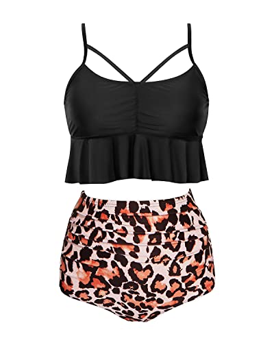 Push-Up Crop Back Lace-Up High Waist Bikini Sets-Black And Leopard