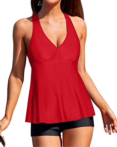 V Neck Tankini Swimwear Racerback And Boyshort-Neon Red