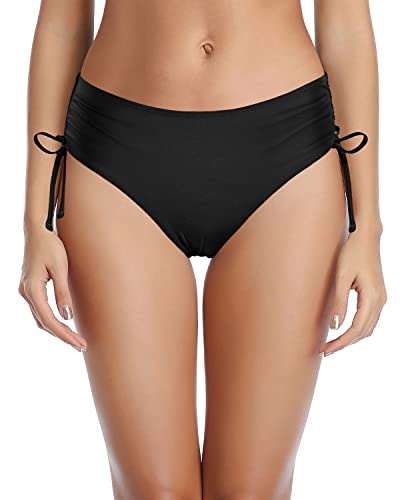 Womens Adjustable Bathing Suit Swimsuit Cheeky Swim Bottom Side Tie Bikini Bottom-Black