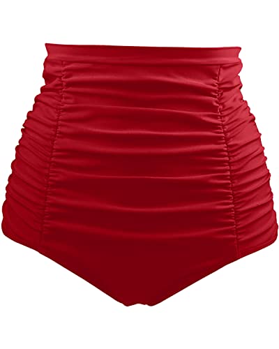 Women's High Waisted Bikini Bottom Tummy Control Ruched Swim Shorts-Red
