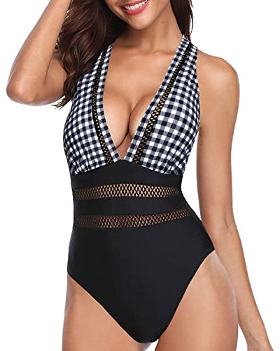 Chic Hollow Out Long Torso One Piece Bathing Suit-Black And White Checkered