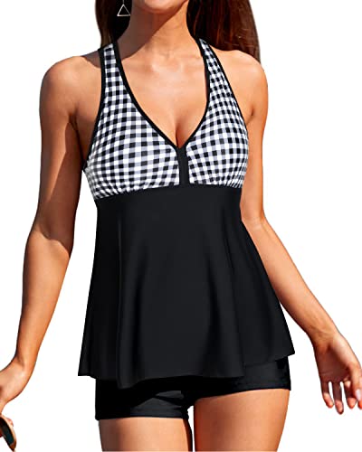 Racerback Tankini Swimsuit Removable Padded Push Up Bras And Boyshort-Black Plaid