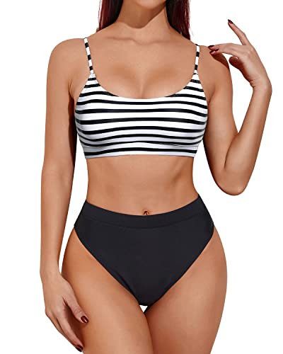 Fashionable High Waisted Bikini Sporty Scoop Neck Swimsuits-Black And White Stripe