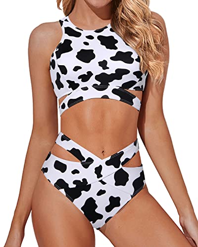 Straps Criss Cross Bandage Two Piece Bathing Suits-Black And White Cow Pattern
