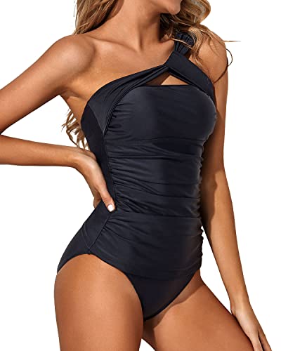 Asymmetrical Cut & Tummy Control Two Piece Tankini Bathing Suits For Women-Black