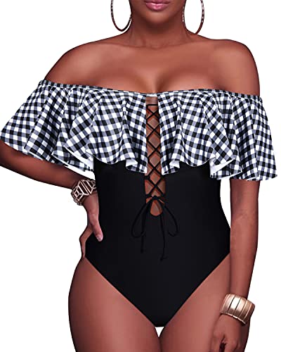 Flirty Lace-Up Off-Shoulder One Piece Swimsuit For Women-Black And White Checkered