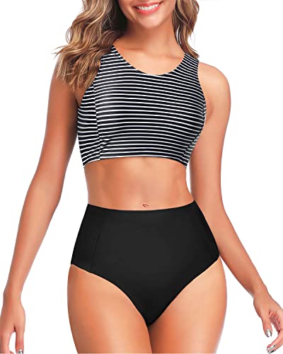 Women's Two Piece Scoop Neck High Waisted Bikini Set-Black And White Stripe