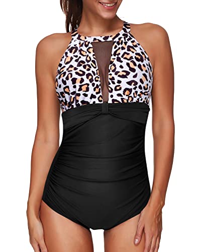 Stylish Ruched Push-Up Monokini Swimsuit Deep Plunge For Women-Black And Leopard