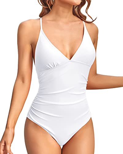 Cross-Back Design Swimsuits Ruched Design For Women-White