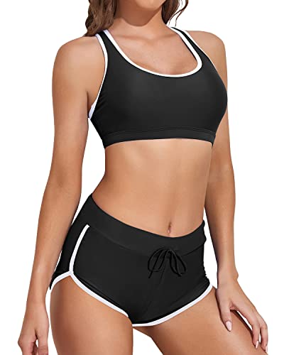 Women Racerback Crop Top Shorts Bathing Suits-Black And White